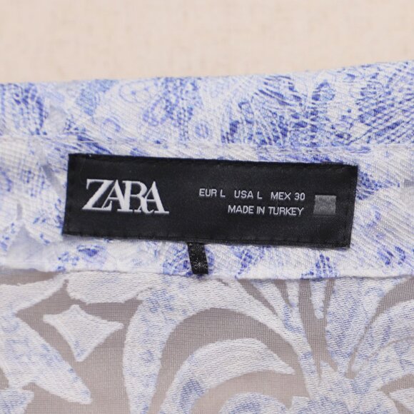 ZARA Sheer Burnout Damask Blue & White Floral Button Down Blouse Top Size L - Picture 6 of 7